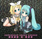  aqua_hair hatsune_miku kagamine_rin long_hair magamoto multiple_girls nail_polish thighhighs very_long_hair vocaloid yellow_nails 