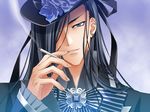  black_hair blue_eyes carnelian cigarette hair_over_one_eye hat long_hair mad_hatter male messiah_(game) ogiwara_syusei piercing rose victorian 