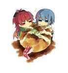  bad_id bad_pixiv_id blue_eyes blue_hair boots bow chibi eating food hair_bow hair_ornament hairclip heart long_hair mahou_shoujo_madoka_magica miki_sayaka minigirl multiple_girls oversized_object plaid ponytail red_eyes red_hair sakura_kyouko school_uniform short_hair shorts skirt takoyaki tentacles very_long_hair yomosaka 