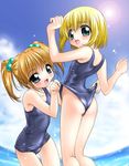  blonde_hair blue_eyes blush hair_ornament multiple_girls one-piece_swimsuit open_mouth original school_swimsuit short_hair smile sorimura_youji swimsuit twintails wedgie 