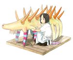  akai_sashimi animal apron barefoot black_eyes black_hair faux_figurine hallucigenia original oversized_animal prehistoric_animal short_hair sitting socks solo striped striped_legwear 