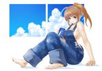  barefoot brown_eyes brown_hair can dead_or_alive denim feet kakizaka_hachishika kasumi_(doa) long_hair naked_overalls overalls panties pocari_sweat ponytail product_placement solo torn_clothes underwear 