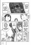  3girls ayane_(doa) bikini dead_or_alive doujinshi greyscale hard_translated highres hitomi_(doa) kasumi_(doa) monochrome multiple_girls nekoi_mie swimsuit translated watermark 