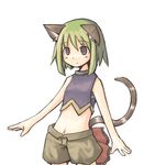  7010 brown_eyes cat_tail green_hair kemonomimi midriff navel nekomimi shirt short_hair shorts sleeveless_shirt tail 