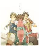  2boys blonde_hair blue_eyes brown_hair closed_eyes gensou_suikoden gensou_suikoden_ii gloves group_hug happy highres hug jowy_atreides-blight long_hair multiple_boys nanami_(suikoden) open_mouth ponytail riou short_hair simple_background smile tears tiara translated utako 