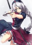  aiming arrow bad_id bad_pixiv_id bow_(weapon) braid drawing_bow foreshortening grey_eyes hat holding holding_arrow holding_bow_(weapon) holding_weapon legs long_braid long_hair nurse_cap outstretched_arm silver_eyes silver_hair solo takemori_shintarou thighs touhou very_long_hair weapon yagokoro_eirin 