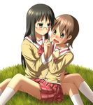  aioi_yuuko black_eyes black_hair blush glasses grass highres holding_hands long_hair minakami_mai mohya multiple_girls nichijou open_mouth school_uniform short_hair sitting socks tokisadame_school_uniform wavy_mouth yuri 