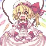  blonde_hair blush cicin cosplay curtsey dress dress_tug fang flandre_scarlet hat open_mouth pink_dress red_eyes remilia_scarlet remilia_scarlet_(cosplay) side_ponytail smile solo touhou wings 