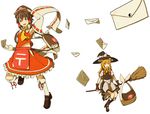  broom broom_riding flying hakurei_reimu hide448 kirisame_marisa letter mail multiple_girls sidesaddle touhou 