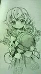  bad_id bad_pixiv_id chaba_(hortensia) flower graphite_(medium) green_flower green_rose hat hat_removed headwear_removed holding holding_hat komeiji_koishi monochrome plant rose smile solo thorns touhou traditional_media vines wavy_hair 