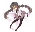  akemi_homura bespectacled black_hair black_legwear blush bow braid capelet glasses hair_bow hairband hand_on_own_face long_hair magical_girl mahou_shoujo_madoka_magica nakoumi_kokoro pantyhose pleated_skirt red-framed_eyewear ribbon skirt solo twin_braids 