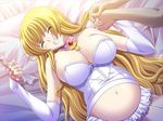  bare_shoulders bed blonde breasts clavicle cleavage drool eyes_closed garters holding_hands huge_breasts lying navel on_back oppai pregnant ring saliva sweat tagme 