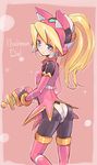  ass blonde_hair blue_eyes blush_stickers ciel_(rockman) fingerless_gloves gloves gun helmet highres homura_subaru long_hair pantyhose ponytail rockman rockman_zero solo thighhighs weapon 