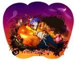  animal bandages bat blue_hair candy crescent_moon crown demon_boy dog eye forest ghost graveyard halloween jack-o&#039;-lantern lollipop male moon night pants pointed_ears pumpkin red_eyes stars tagme tombstone tree vines 