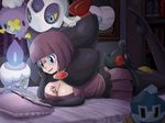  bed between_breasts blush breasts cleavage drifloon duplicate froslass gen_4_pokemon gen_5_pokemon glasses golett jellicent jpeg_artifacts litwick lying medium_breasts pantyhose pokemoa pokemon pokemon_(creature) pokemon_(game) pokemon_bw purple_hair reading shikimi_(pokemon) sleeping yamask 