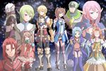  5girls android animal_ears armor arumat_p._thanatos bacchus_d-79 bangs blonde_hair blue_eyes blue_hair blue_legwear boots bow brown_eyes brown_hair cat_ears cat_tail closed_eyes coat crowe_f._almedio dress ear_covers edge_maverick everyone faize_scheifa_beleth frills full_body gem gloves green_eyes green_hair hair_ribbon holding_hands interlocked_fingers long_hair lymle_lemuri_phi meracle_chamlotte midriff multiple_boys multiple_girls myuria_tionysus pants parted_bangs pink_hair pointy_ears ponytail purple_eyes purple_legwear red_armor red_hair ribbon rogie saionji_reimi sarah_jerand shorts smile space star_ocean star_ocean_the_last_hope tail thighhighs twintails white_hair wings wrist_cuffs 