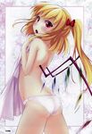 ass back blonde_hair blush bow breasts covering covering_breasts fang flandre_scarlet flat_chest hair_bow highres medium_breasts non-web_source nullken one_side_up panties red_eyes scan sideboob solo topless touhou towel underwear underwear_only white_panties wings 