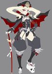  albino ban black_panties boots cape flat_chest flat_color gloves grey grey_background hand_on_hilt hand_on_hip hat highres original panties red_eyes sengoku_koihime simple_background skull smile solo sword twintails underwear weapon white_hair 