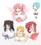  adapted_costume akemi_homura black_hair blonde_hair blue_eyes blue_hair blush boots bow chibi cosplay dress gloves hair_bow hair_ornament hair_ribbon highres kaname_madoka long_hair magical_girl mahou_shoujo_madoka_magica miki_sayaka multiple_girls pink_footwear pink_hair purple_eyes purple_footwear red_eyes red_footwear red_hair ribbon sakura_kyouko school_uniform skirt spoilers tomoe_mami tsuzuya_(knt31) twintails two_side_up ultimate_madoka ultimate_madoka_(cosplay) white_dress white_gloves wings yellow_eyes yellow_footwear 