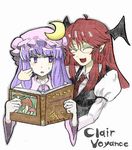  :d ^_^ ahoge annoyed armband bad_id bad_pixiv_id bat_wings bespectacled book closed_eyes crescent english fang glasses hat head_wings koakuma kureya908 long_hair multiple_girls necktie open_book open_mouth patchouli_knowledge purple_eyes purple_hair red_hair smile sweatdrop touhou upper_body vest wings 