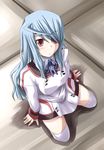  eyepatch infinite_stratos laura_bodewig long_hair looking_up mister_(black_and_white) red_eyes silver_hair solo thighhighs uniform 
