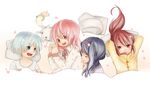  :3 akemi_homura alternate_hairstyle black_hair blue_eyes blue_hair gosenemi highres kaname_madoka kyubey long_hair mahou_shoujo_madoka_magica miki_sayaka multiple_girls pajamas pink_eyes pink_hair ponytail red_eyes red_hair ribbon sakura_kyouko short_hair sleepover younger 