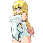  :o arms_behind_back bad_id bad_pixiv_id bangs bare_shoulders blonde_hair blue_eyes blush breasts busou_shinki covered_navel cowboy_shot dd_(ijigendd) elbow_gloves from_side gloves hair_between_eyes hips large_breasts leotard long_hair looking_at_viewer multicolored_hair olbern open_mouth pink_hair simple_background solo white_background white_gloves 