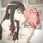  akemi_homura anime_coloring black_hair bow closed_eyes couple hairband kaname_madoka kiss long_hair mahou_shoujo_madoka_magica mitakihara_school_uniform multiple_girls pink_eyes pink_hair school_uniform seriza_(hidepu) short_hair short_twintails twintails yuri 