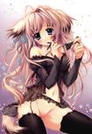  absurdres animal_ears bottomless copyright_request dog_ears dog_tail garter_belt highres holding holding_panties izumi_tsubasu lace lace_panties no_panties panties side-tie_panties solo tail thighhighs underwear 