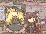  akihiyo animal_ears blonde_hair blush_stickers bow broom bubble candle cape cat_ears cat_tail chibi dress hat hat_bow holding_hands multiple_girls original pot purple_hair skirt table tail 