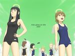  6+girls angel_wings black_eyes black_hair black_school_swimsuit brown_eyes brown_hair cigarette cloud day french glasses haibane_renmei halo hand_on_hip hikari_(haibane_renmei) kana_(haibane_renmei) kuu light_brown_hair multiple_girls nemu o_o one-piece_swimsuit rakka reki school_swimsuit sea_cucumber short_hair sky smile strap_slip swimsuit throwing wings yasunon 