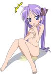  1girl blue_eyes blush breasts covering covering_breasts feet hiiragi_kagami kagami_hiiragi long_hair lucky_star nipples nude open_mouth peeing pettanko purple_eyes purple_hair sitting solo tears tonbo tsundere twin_tails urine white_background 