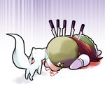  blood chibi crossover dying_message hat highres hong_meiling knife knifed kyubey long_hair lying mahou_shoujo_madoka_magica on_stomach red_hair solo star sweatdrop touhou yume_shokunin 