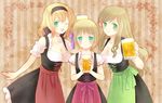  alcohol apron axis_powers_hetalia bare_shoulders beer belgium_(hetalia) blonde_hair blue_eyes breasts brown_hair cleavage dirndl dress flower german_clothes green_apron green_eyes hair_flower hair_ornament hair_ribbon hairband hungary_(hetalia) kordana liechtenstein_(hetalia) medium_breasts multiple_girls one_eye_closed plaid plaid_apron red_apron ribbon underbust 