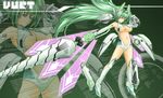  bare_shoulders breasts cleavage cocoa_(cocoa0191) green_hair green_heart lance large_breasts long_hair navel neptune_(series) parted_lips pink_eyes polearm revealing_clothes shiny shiny_skin solo underboob very_long_hair weapon zoom_layer 