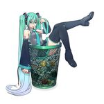  :p \n/ aqua_eyes aqua_hair bad_id bad_pixiv_id detached_sleeves hatsune_miku headphones long_hair microphone mishima_yoshikatsu necktie simple_background skirt solo thighhighs tongue tongue_out trash_can twintails very_long_hair vocaloid zettai_ryouiki 