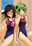  blush brown_eyes competition_swimsuit cover cover_page doujinshi duplicate green_hair hair_ornament hasumi_eran highleg highleg_swimsuit highres kenkou_zenrakei_suieibu_umishou multiple_girls ninagawa_amuro one-piece_swimsuit shizuoka_mirei swimsuit wanashiro_giovanna x_hair_ornament 