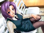  blue_neck_tie business_suit casual_romance_club double_breasted_vest houkago_ren-ai_club looking_at_viewer purple_eyes purple_hair sheer_hose sitting smiling striped_shirt 