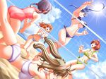  5girls beach belly bikini black_hair bounce brown_hair clenched_fists clouds curvaceous dutch_angle falling fists green_eyes jumping long_hair looking_up mizugi navel pig_tails sand short_hair sun trip volly volly_ball waki wide_hips 