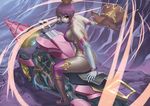  bare_shoulders boots breasts claw_(weapon) cuboon dark_skin elbow_gloves gaia_(lord_of_vermilion) gloves ground_vehicle large_breasts lord_of_vermilion motor_vehicle motorcycle purple_hair purple_legwear red_eyes sideboob sitting solo thighhighs weapon 