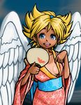  amaguchi_chiyoko angel_wings bad_id bad_pixiv_id blonde_hair blue_eyes breasts breath_of_fire breath_of_fire_i fan hairband japanese_clothes kimono medium_breasts nina_(breath_of_fire_i) paper_fan short_hair tan tanline uchiwa white_wings wings 