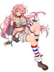  absurdres breasts elbow_gloves fingerless_gloves fringe_trim gloves hero_island highres kasai_shin large_breasts long_hair midriff navel official_art pink_hair solo striped striped_legwear thigh_strap torn_clothes underboob yellow_eyes zipper 