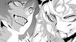  bad_id bad_pixiv_id blood blood_on_face blood_stain clenched_teeth constricted_pupils eyelashes flandre_scarlet greyscale grin hat irohara_mitabi monochrome multiple_girls remilia_scarlet sharp_teeth short_hair siblings sisters smile sweatdrop teeth touhou 