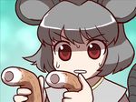  animal_ears chikuwa face food grey_hair mono_(moiky) mouse_ears mouse_tail nazrin no_nose non-web_source red_eyes solo sweat sweatdrop tail touhou 
