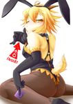  blonde_hair blush breasts butt collar condom female hair inviting kelpy kneeling legwear looking_at_viewer pantyhose plain_background rabbit_ears side_boob solo tights tongue tongue_out unknown_species white_background yellow_eyes 