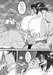  big_breasts blush breast_grab breasts clothing comic day_with_dna dragon english_text female greyscale growth hair huge_breasts male monochrome muscles muscular_female pants ryuakira shirt shorts sitting tail text 