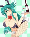  animal_ears blush breasts bunny_ears bunny_girl bunnysuit cleavage fishnet fishnets green_hair huge_breasts long_hair smile tail wedge wink 