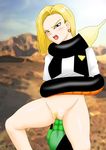  1girl absurdres android_18 blonde_hair blue_eyes bottomless censored dragon_ball dragonball earrings fingering highres jewelry monster open_mouth restrained sex short_hair 