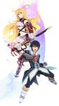  1girl black_hair blonde_hair blue_background boots eterno gloves gradient gradient_background highres jude_mathis knee_boots long_hair milla_maxwell multicolored_hair navel pink_background red_eyes sword tales_of_(series) tales_of_xillia two-tone_hair very_long_hair weapon 