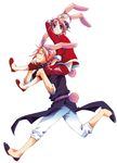  animal_ears blue_eyes braid chinese_clothes eyes_closed gintama hairband kagura_(gintama) kamui kemonomimi piggyback pink_hair red_hair usamimi 